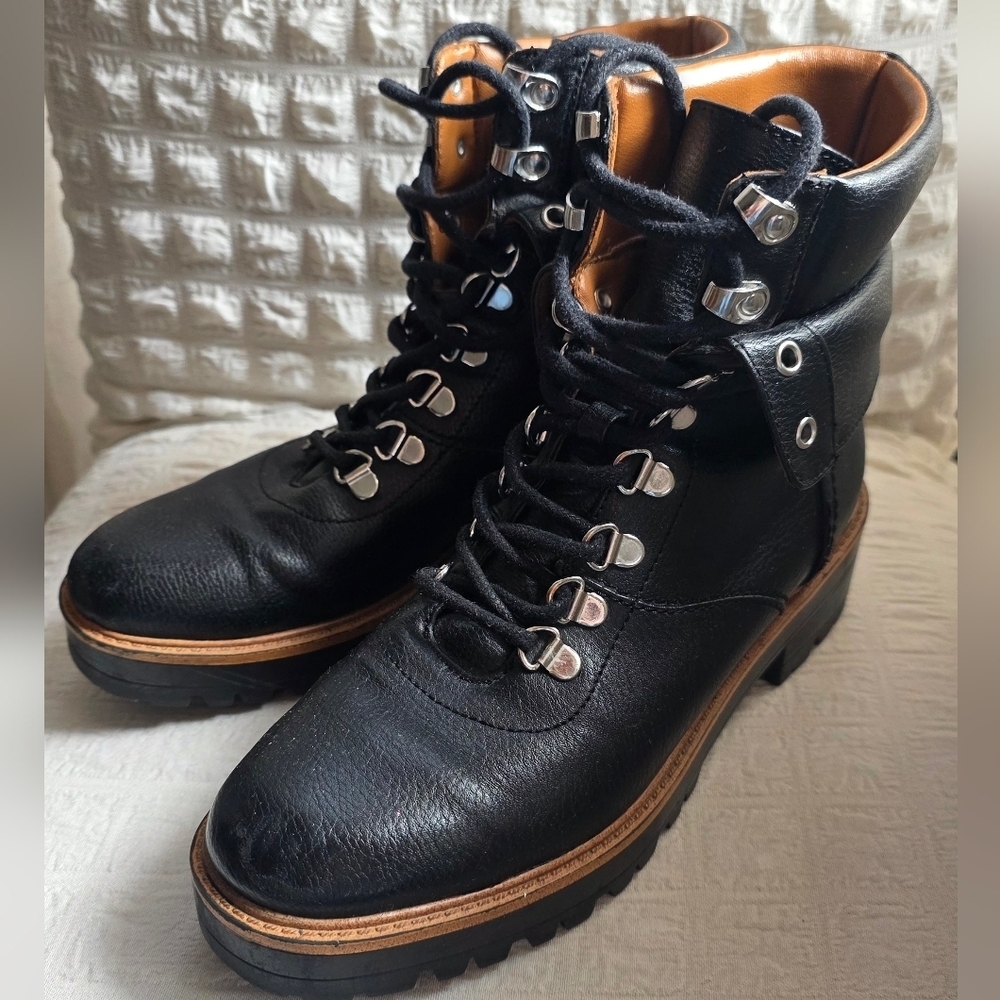 Indigo Black Leather Combat Boots